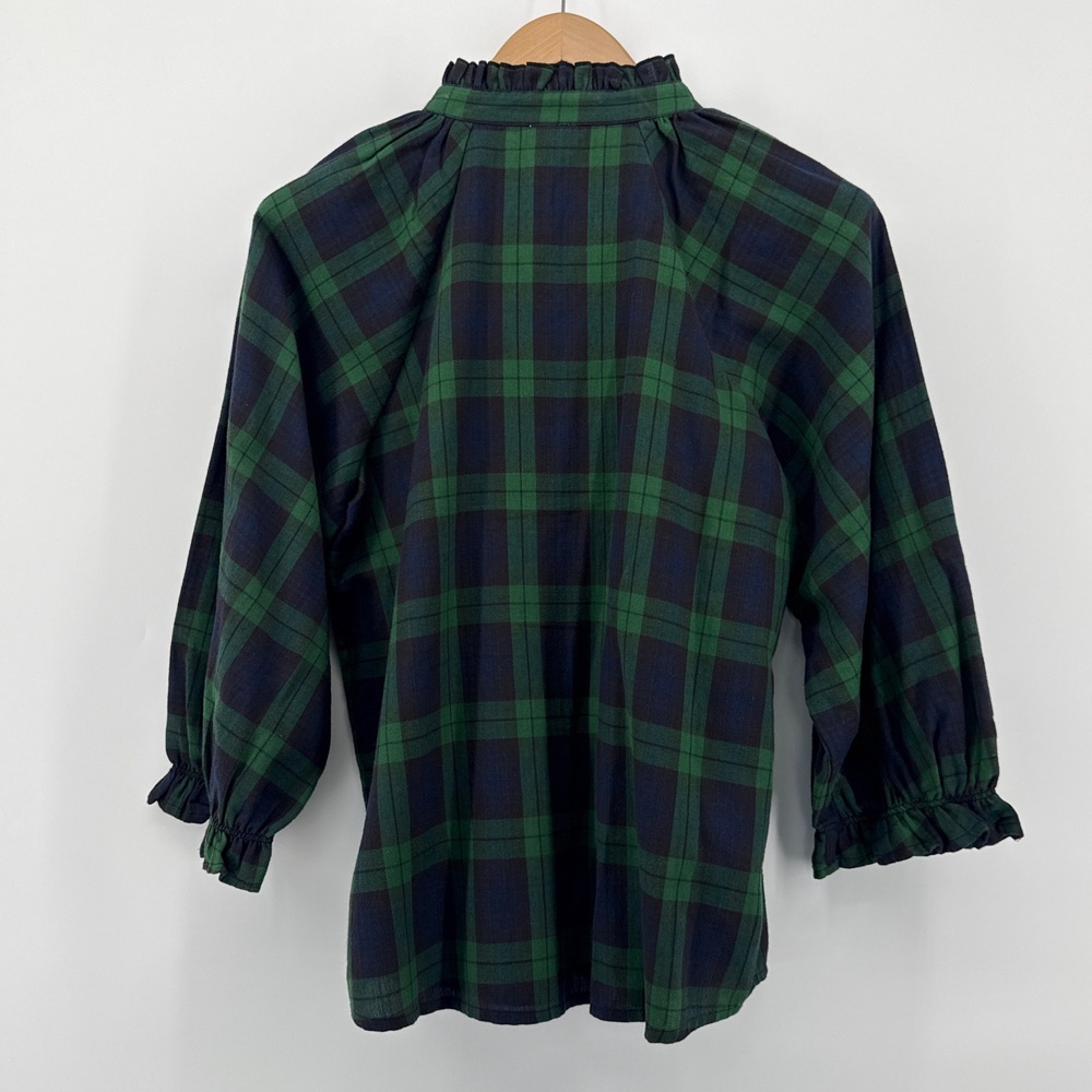Sister Mary Rosa Plaid Trimmed Shirt Green Navy Ruffled Collar RicRac Size Small - Picture 7 of 12